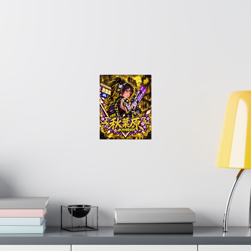 Akihabara Cyberpunk Anime Poster — Neon Yellow Matte Vertical Print
