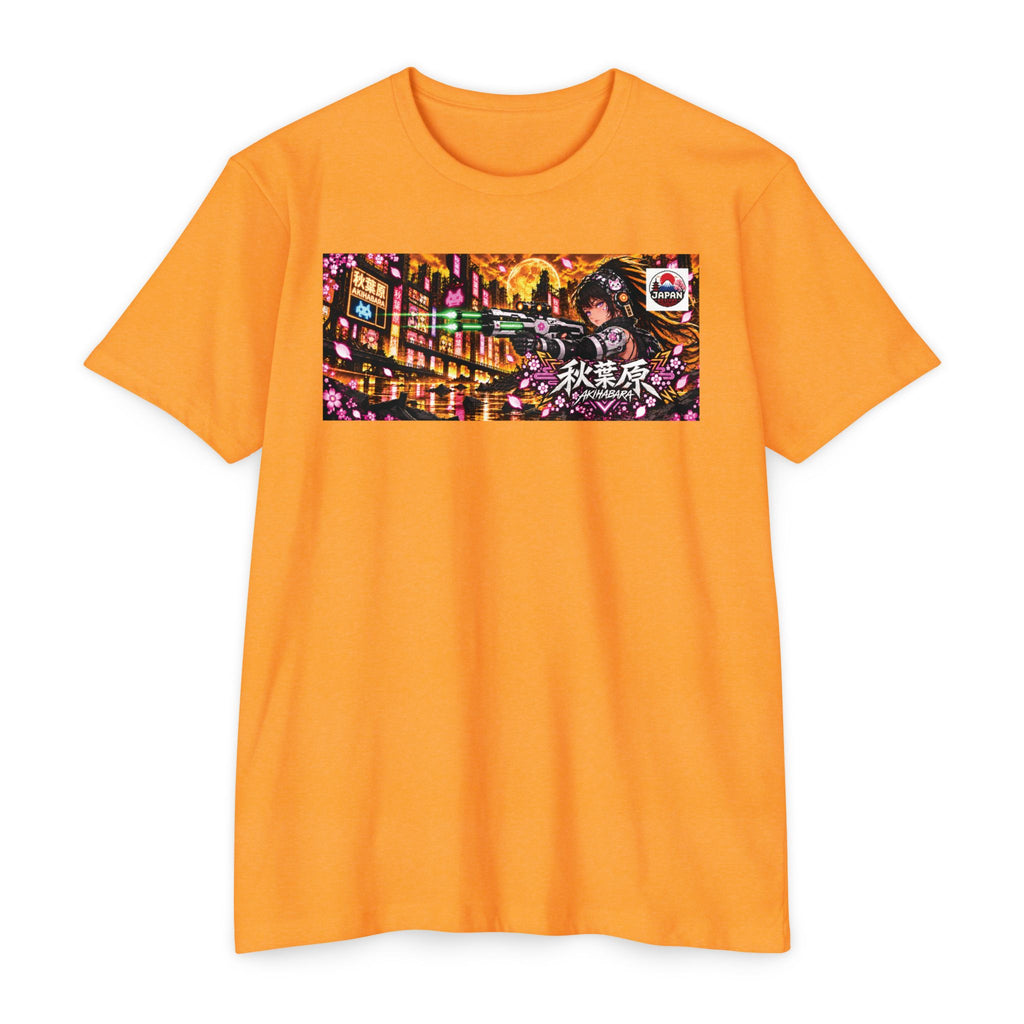 Akihabara Cyborg Sniper T‑Shirt —Orange Akihabara Neon City Graphic
