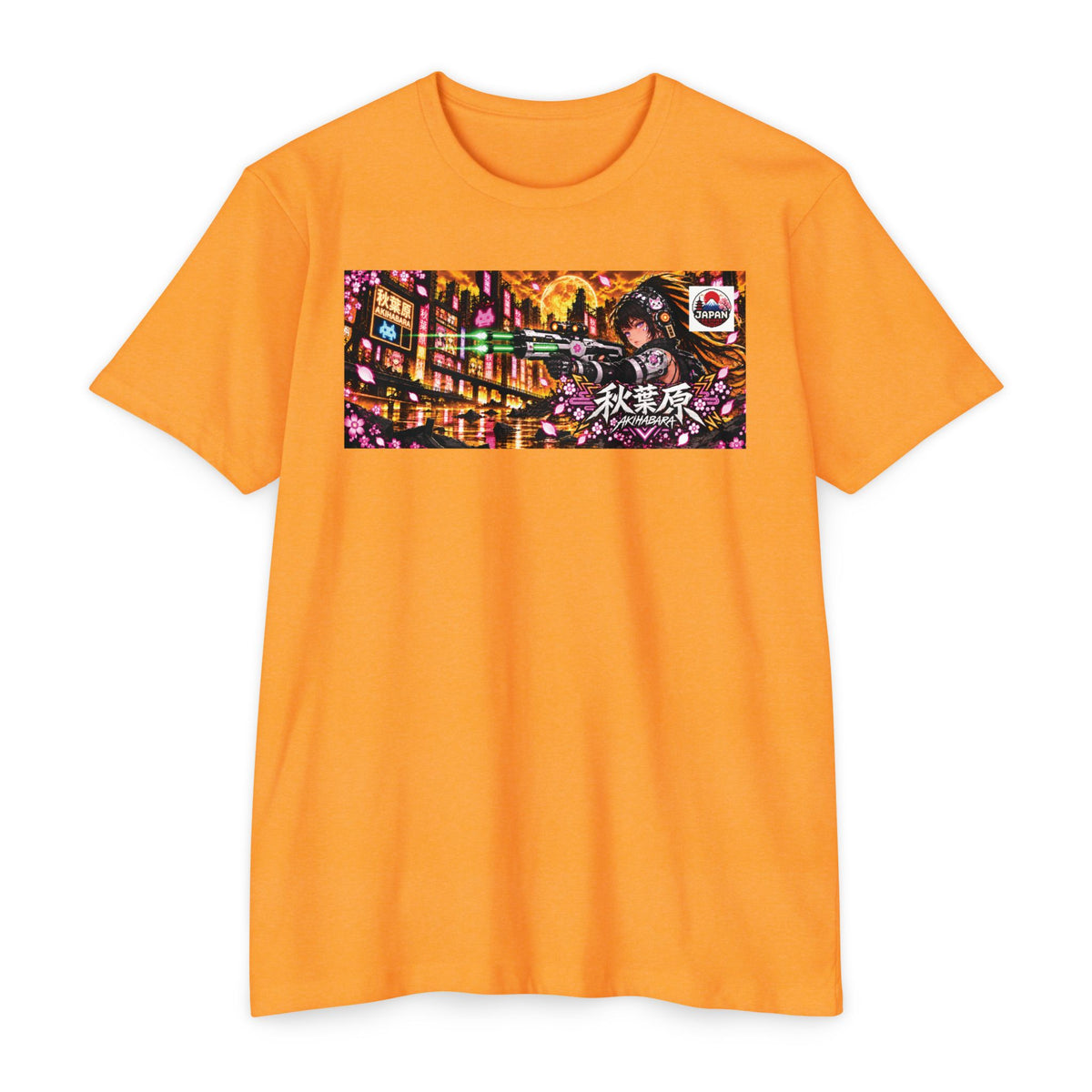 Akihabara Cyborg Sniper T‑Shirt —Orange Akihabara Neon City Graphic