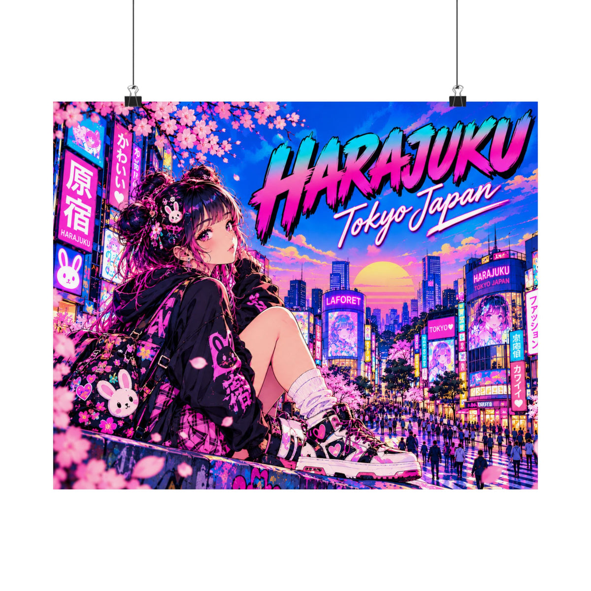 Harajuku Style 13 Neon City Anime Girl Satin Poster — Tokyo Japan Anime Wall Art