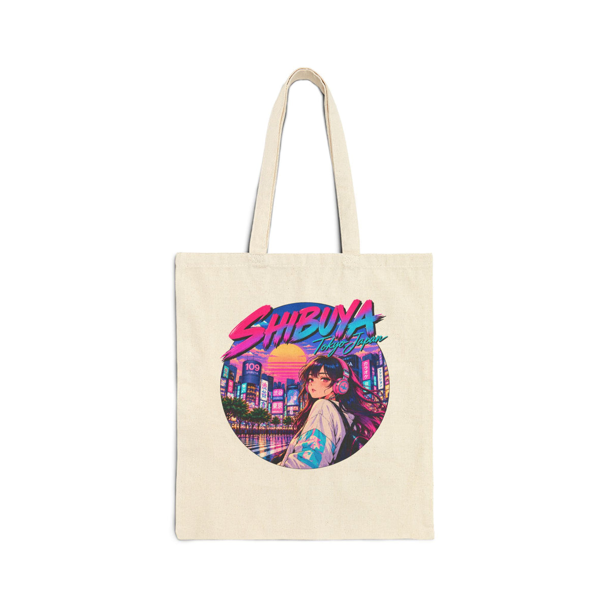 Shibuya Sky 1 City Pop Neon City Tote Bag — Anime Aesthetic Canvas Shopper