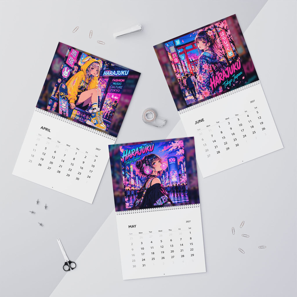 Harajuku Style Anime Girl Wall Calendar 2027 – Neon Kawaii City Scenes