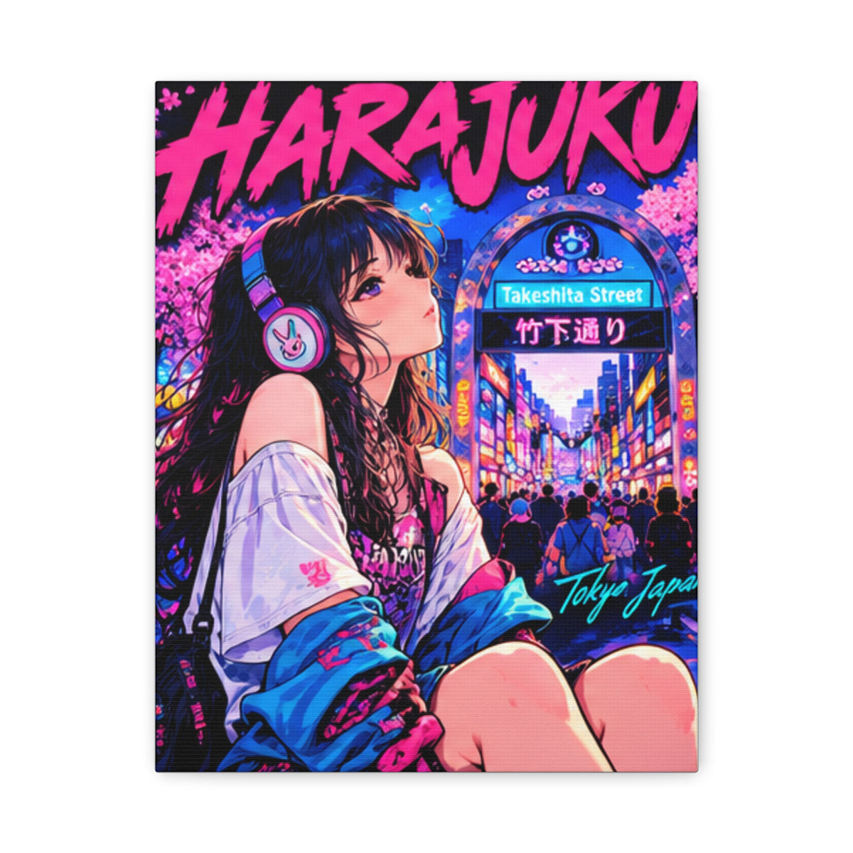 Harajuku Style 5 Neon City Tokyo Anime Girl Matte Canvas Wall Art