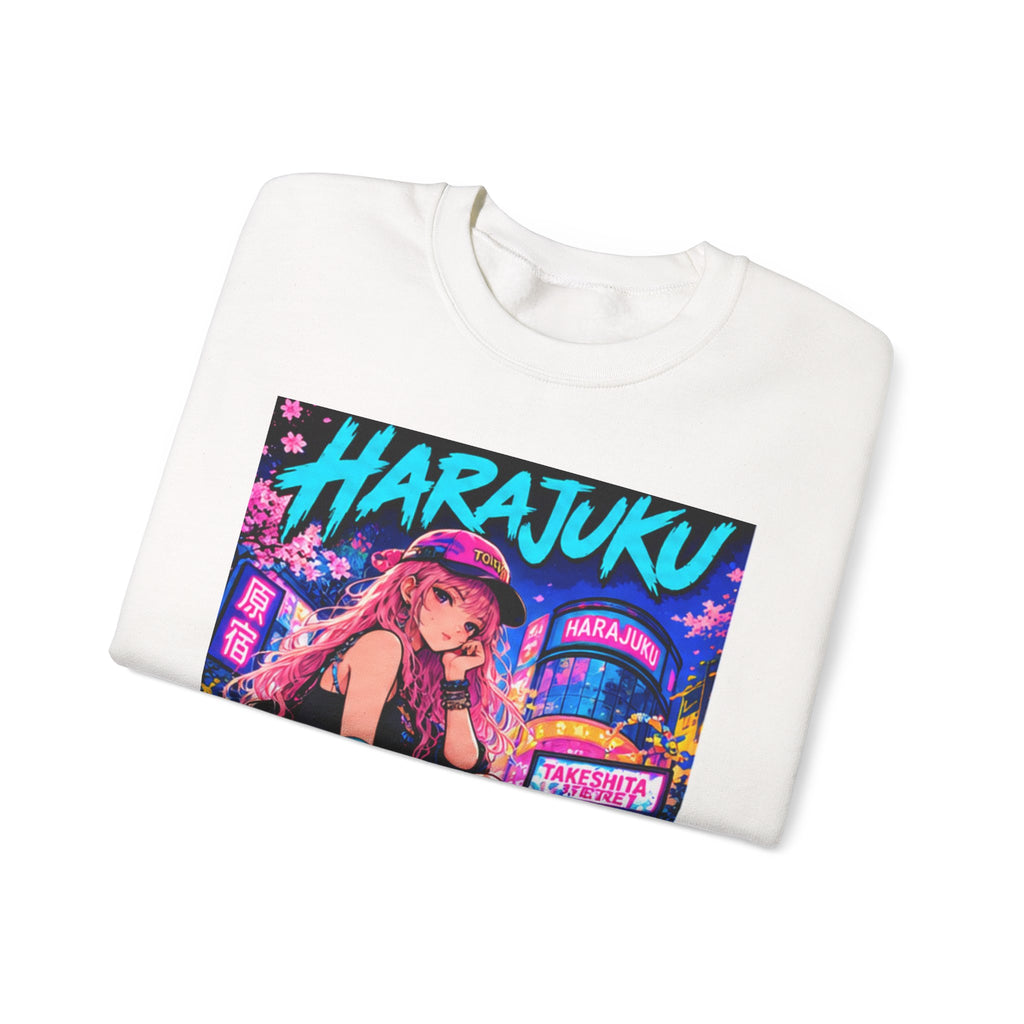 Harajuku Style 2 Neon City Anime Girl Crewneck Sweatshirt — Tokyo Street Anime Graphic