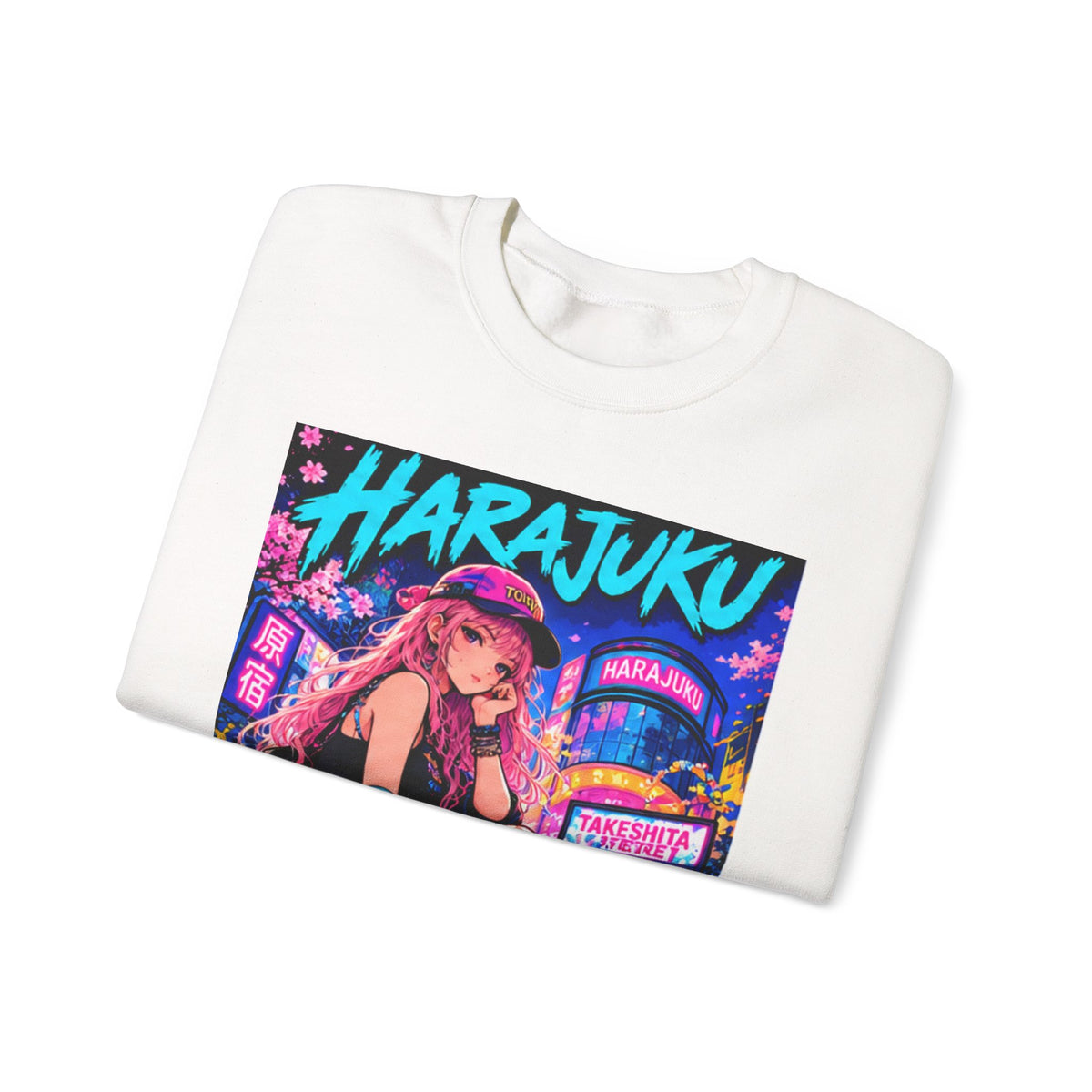 Harajuku Style 2 Neon City Anime Girl Crewneck Sweatshirt — Tokyo Street Anime Graphic