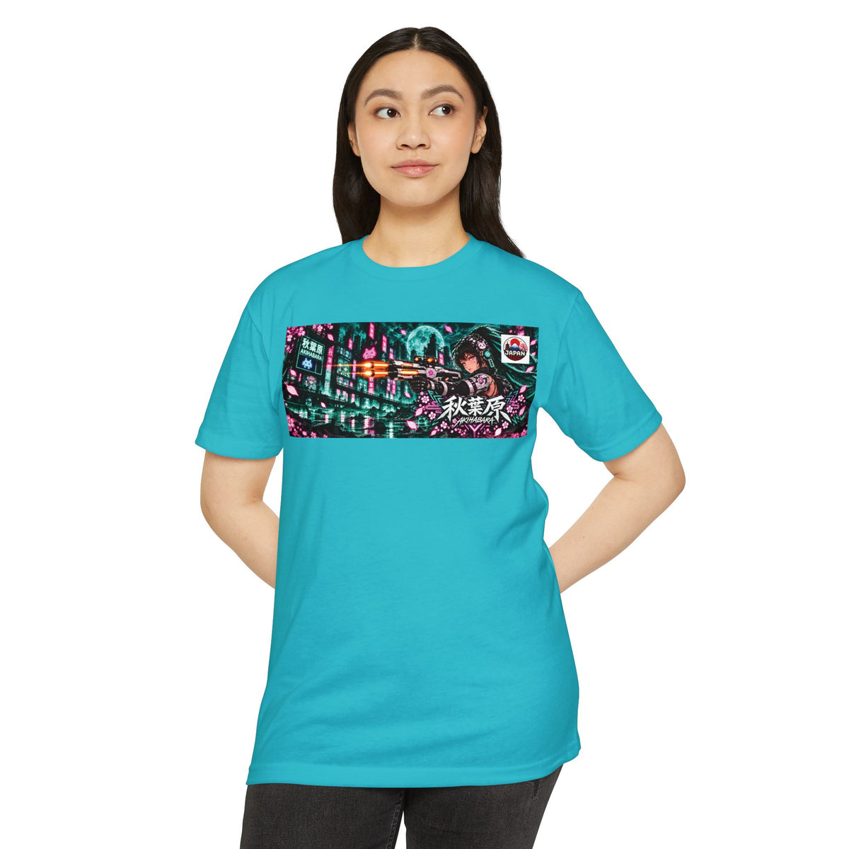 Akihabara Cyborg Sniper T‑Shirt —Teal Akihabara Neon City Graphic
