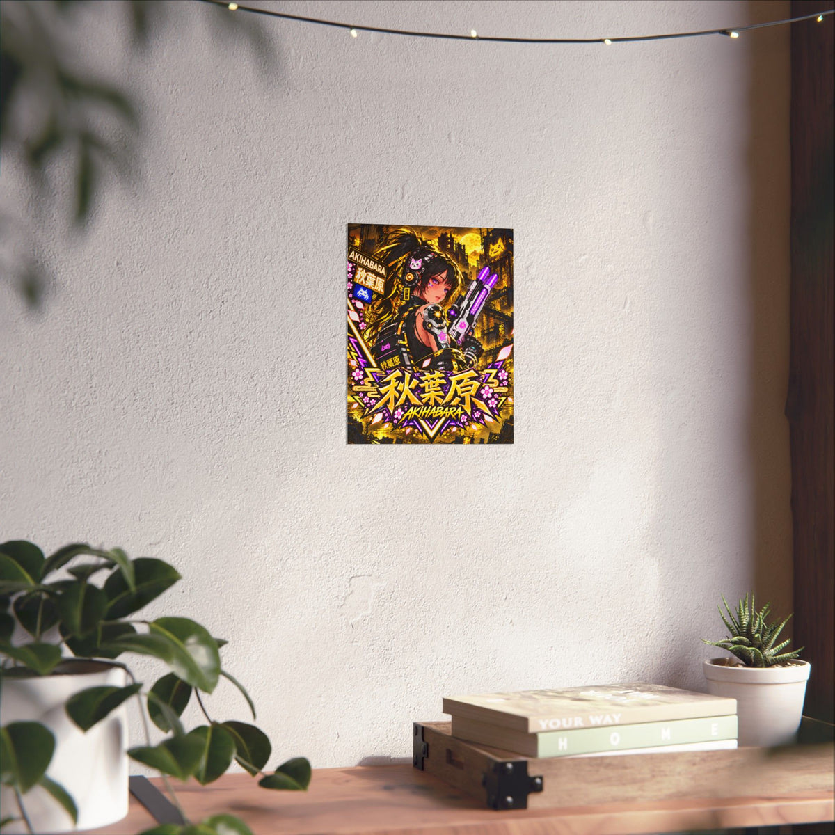 Akihabara Cyberpunk Anime Poster — Neon Yellow Matte Vertical Print
