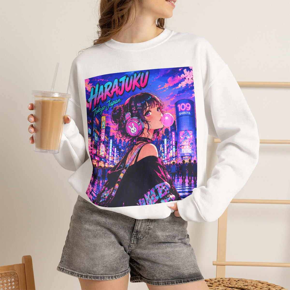 Harajuku Style 11 Neon City Anime Girl Crewneck Sweatshirt — Tokyo Street Anime Graphic