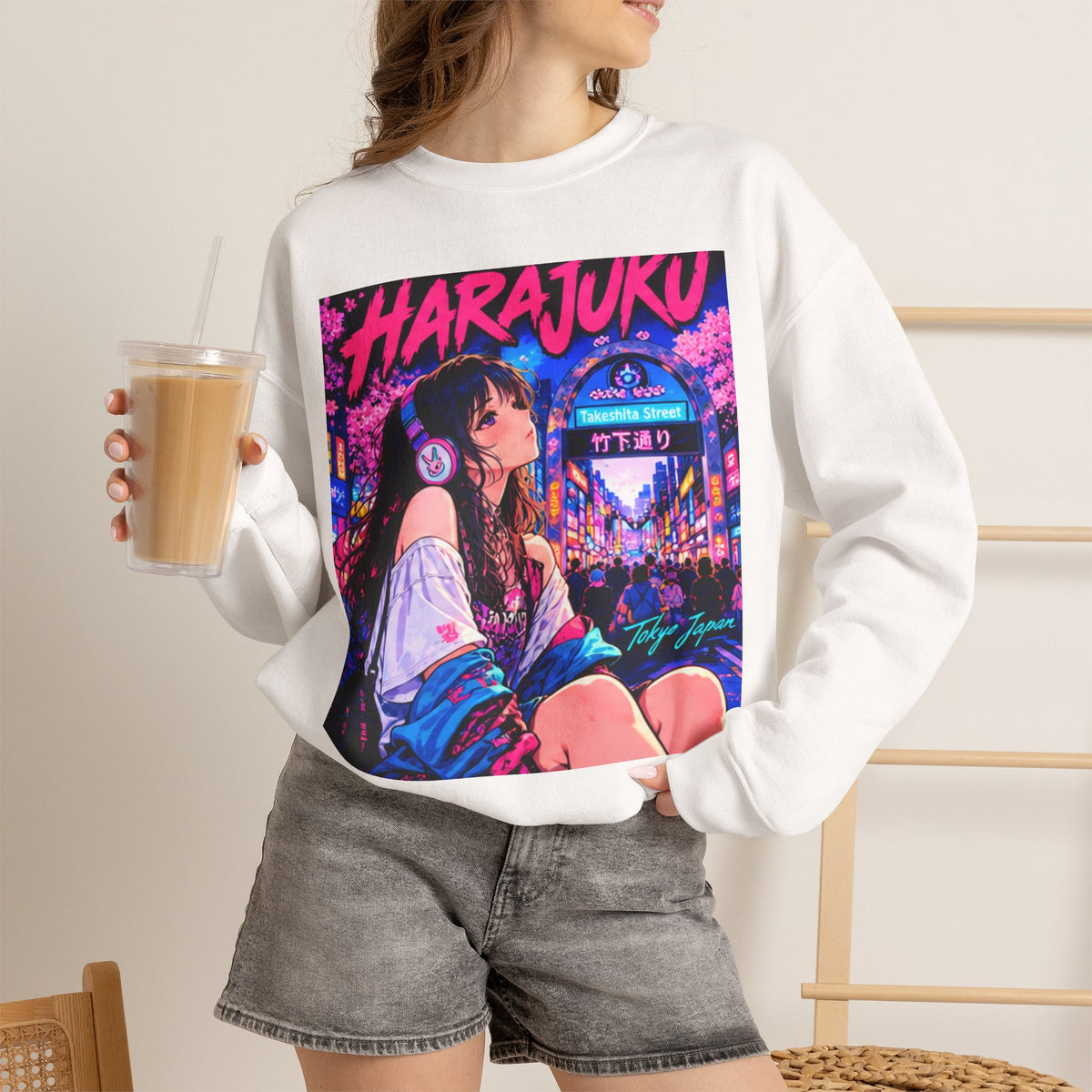 Harajuku Style 5 Neon City Anime Girl Crewneck Sweatshirt — Tokyo Street Anime Graphic