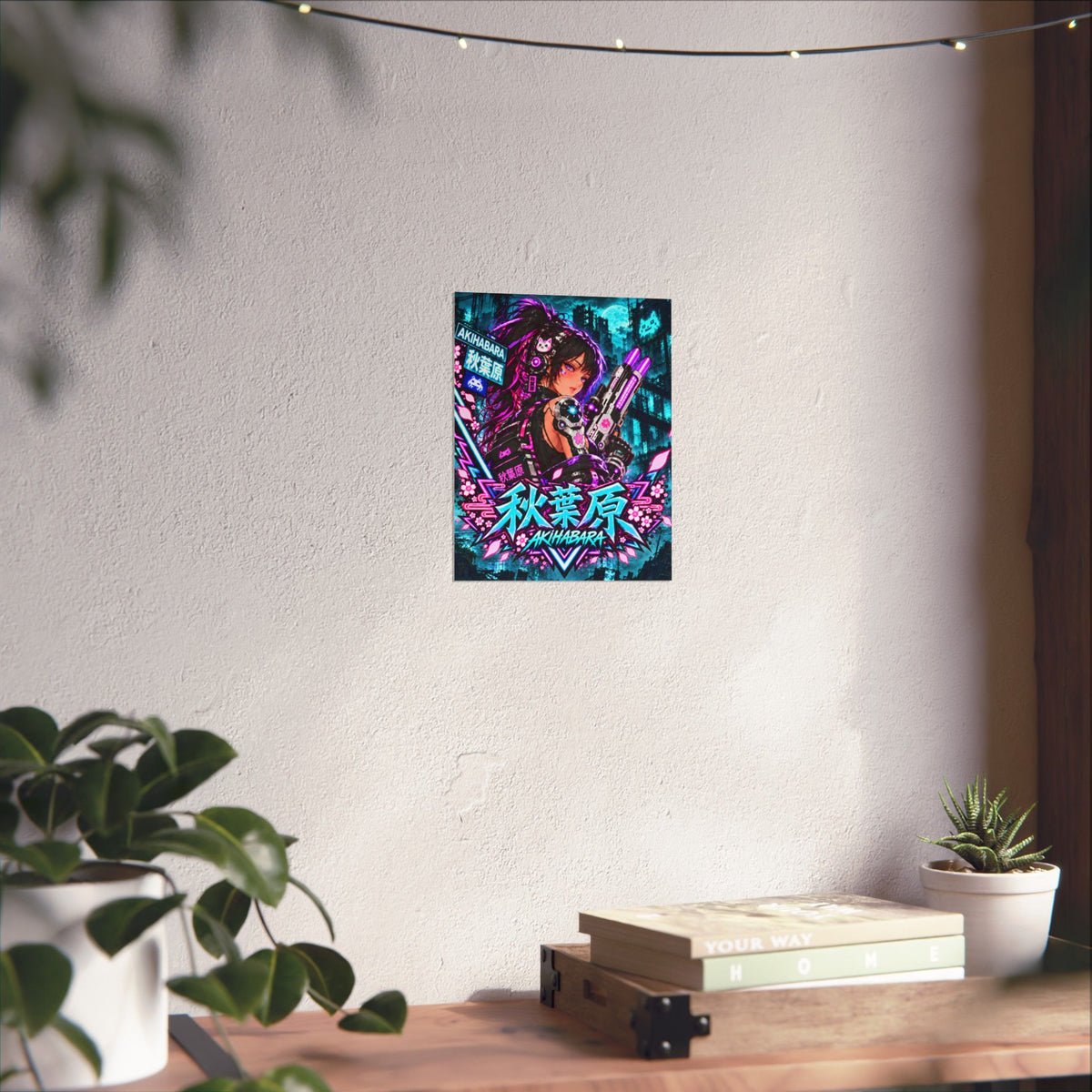 Akihabara Cyberpunk Anime Poster — Neon Teal Matte Vertical Print
