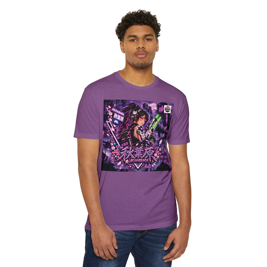 Akihabara Cyberpunk Sniper Girl T‑Shirt —Purple Akihabara Neon City Graphic