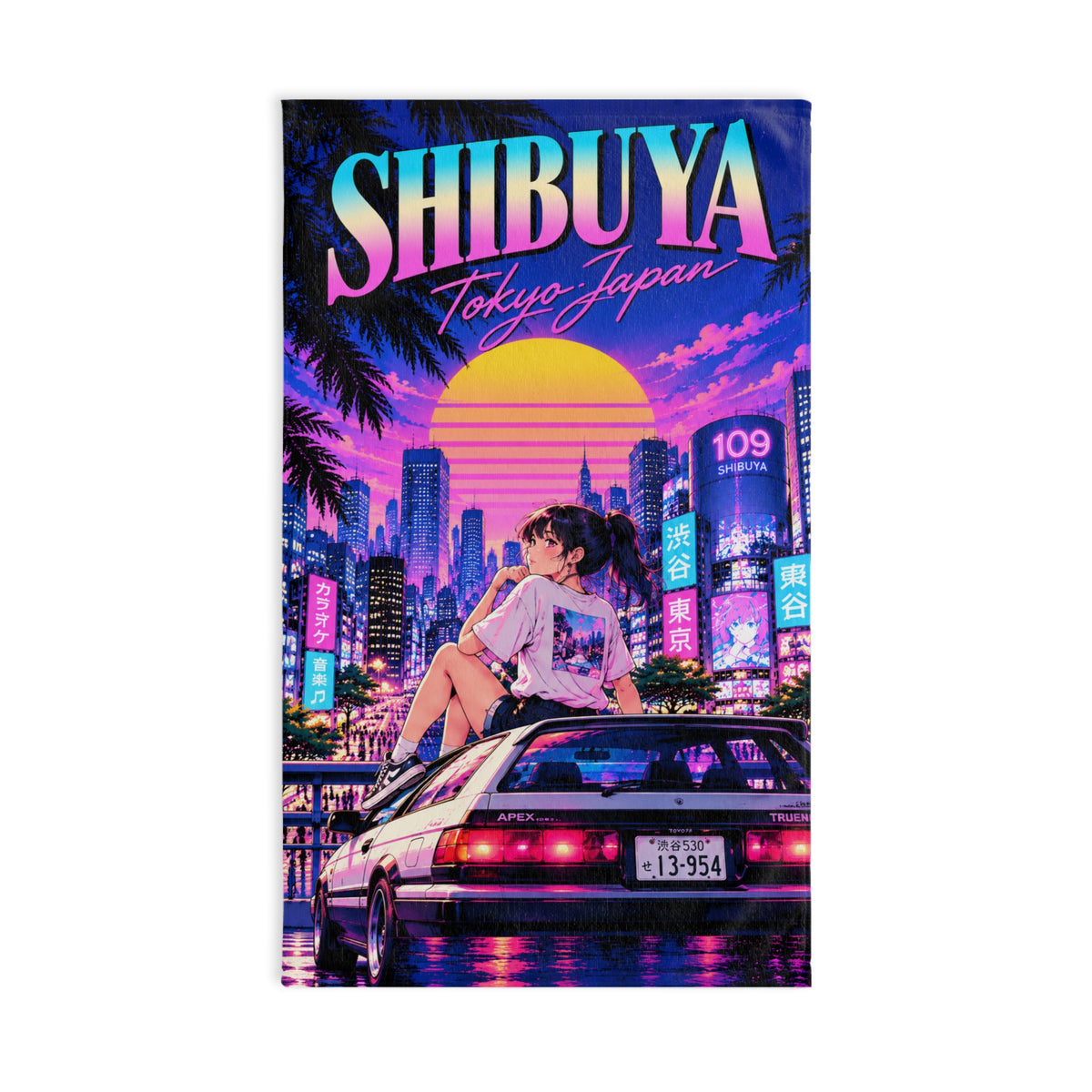 Shibuya Sky 3 City Pop Neon Sunset Hand Towel — Retro Sakura Tokyo Design
