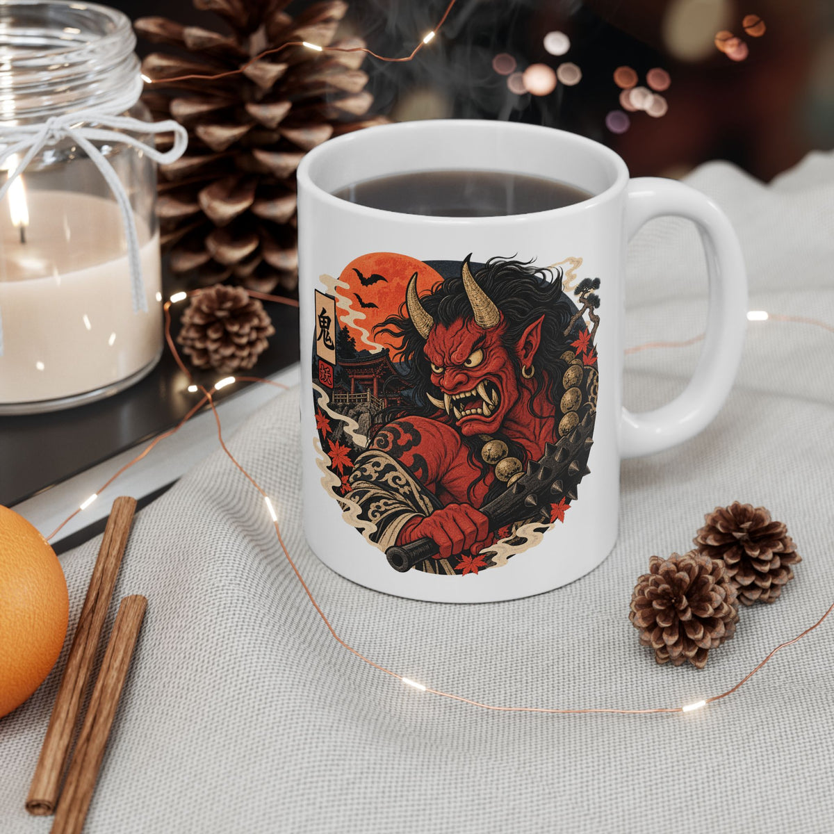 Oni Japanese Yokai Halloween Illustration Mug | Japanese Demon Ceramic Mug
