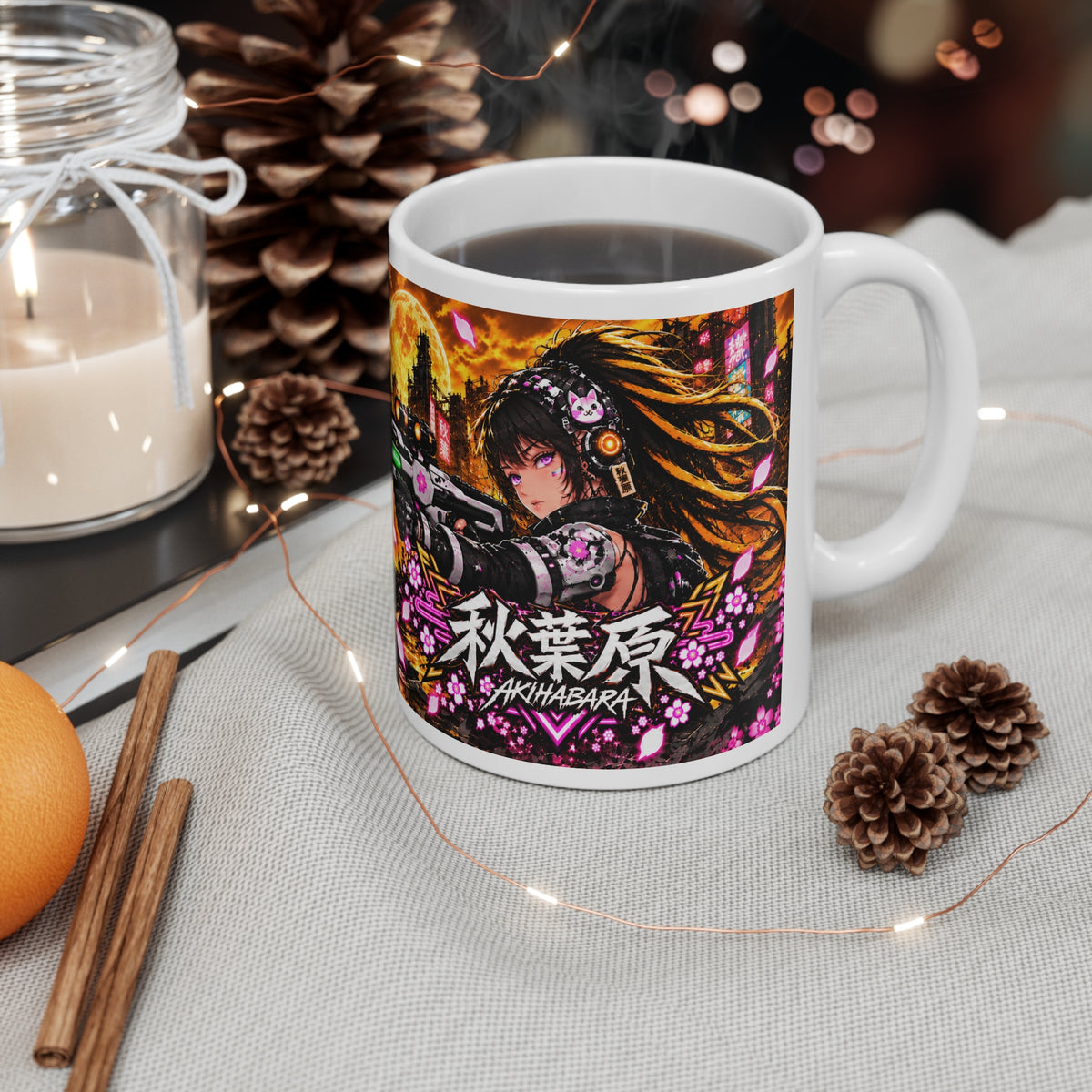 Akihabara Orange Neon City Sniper Girl Mug 11oz Coffee Cup