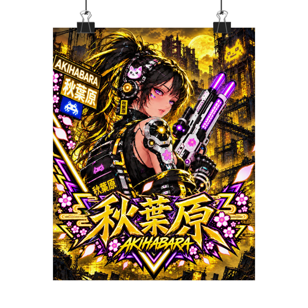 Akihabara Cyberpunk Anime Poster — Neon Yellow Matte Vertical Print