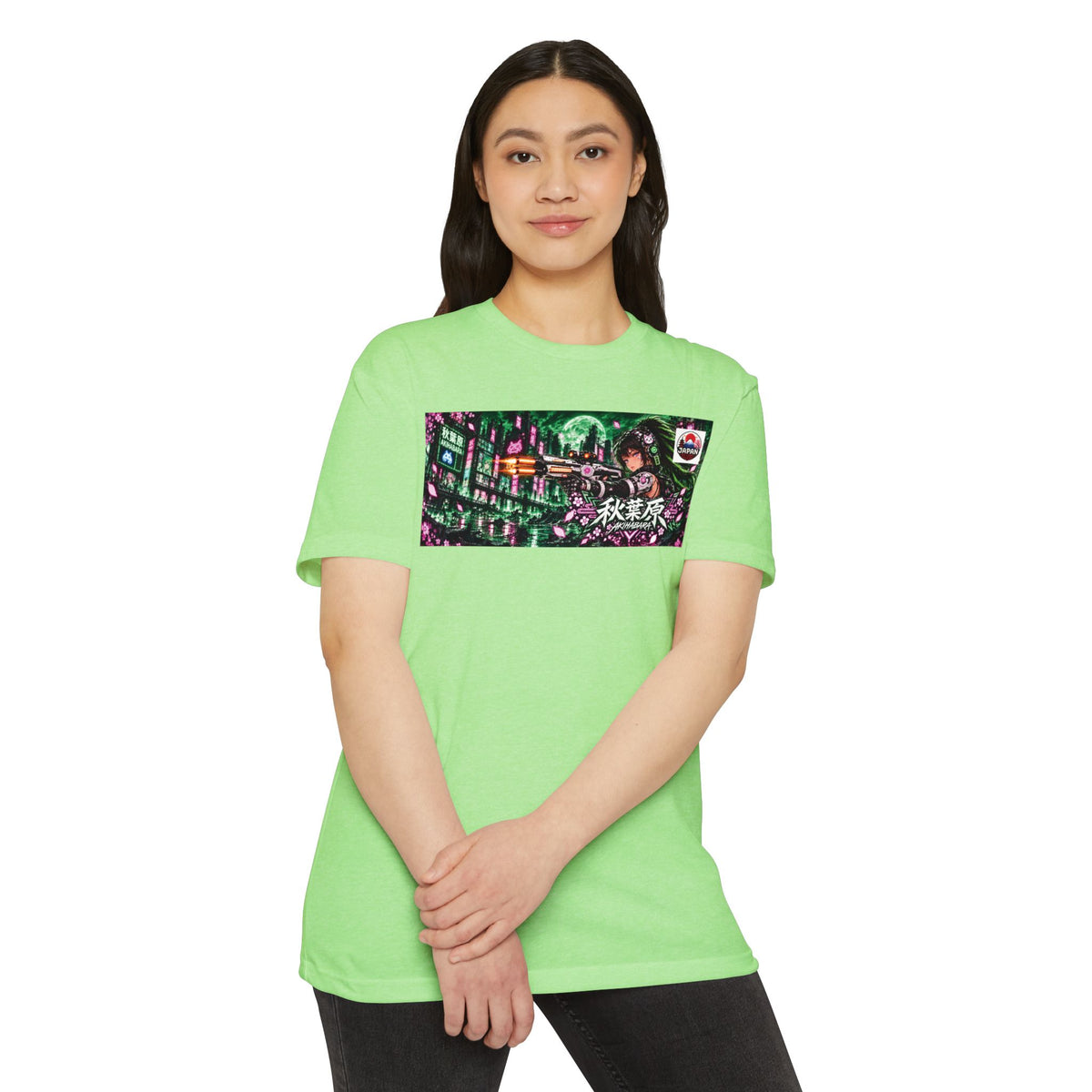 Akihabara Cyborg Sniper T‑Shirt —Green Akihabara Neon City Graphic