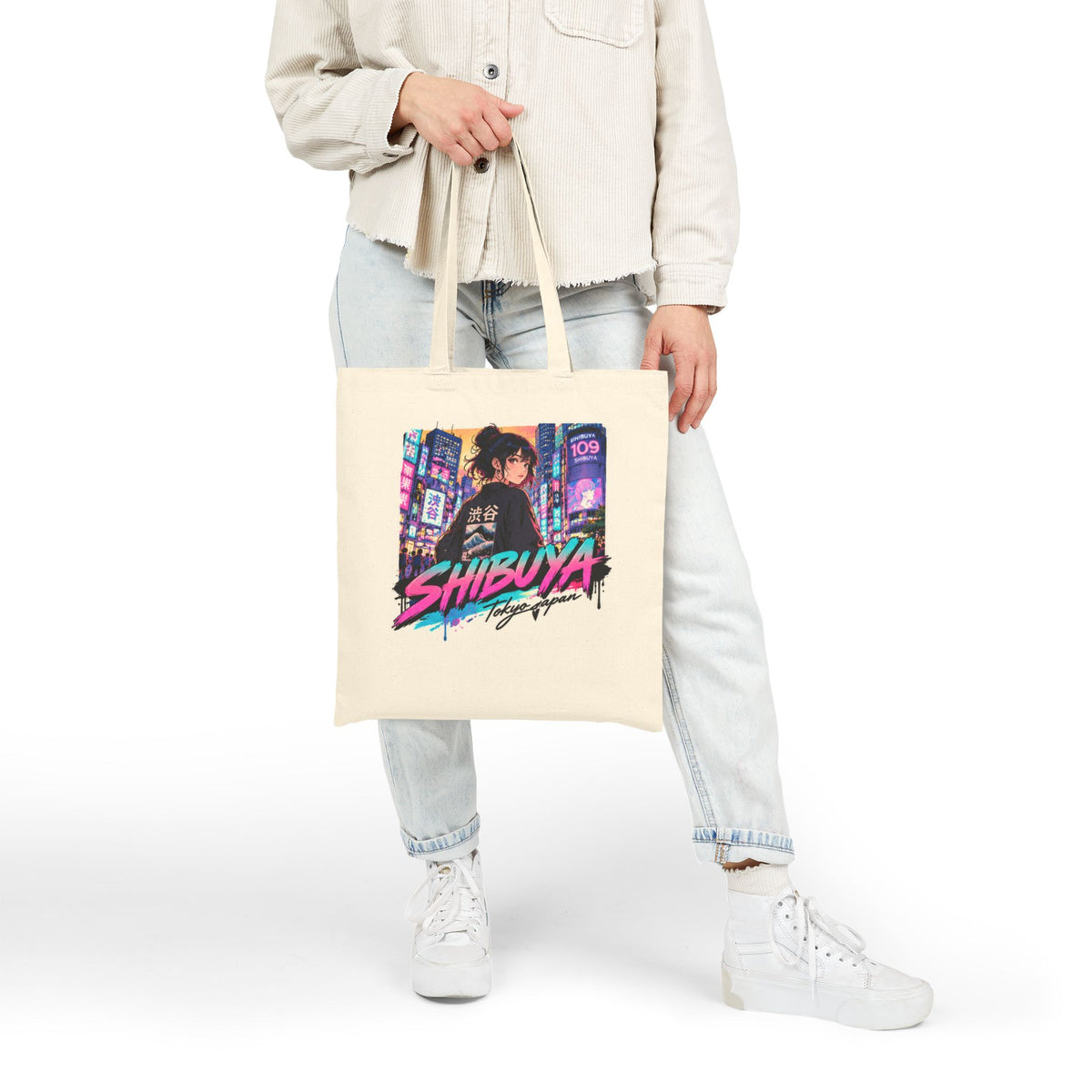 Shibuya Sky 5 Tokyo Neon City Tote Bag — Anime Aesthetic Canvas Shopper