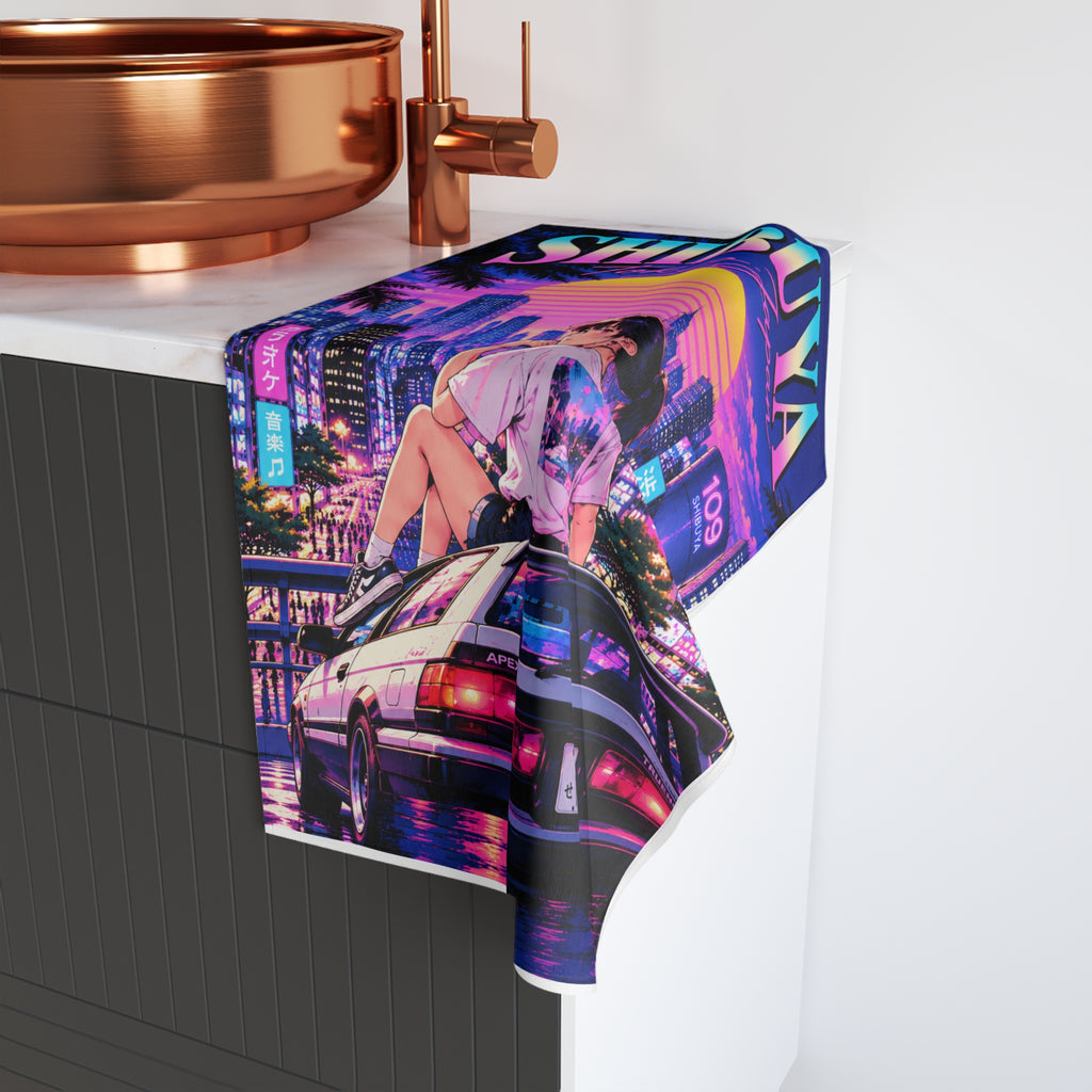 Shibuya Sky 3 City Pop Neon Sunset Hand Towel — Retro Sakura Tokyo Design