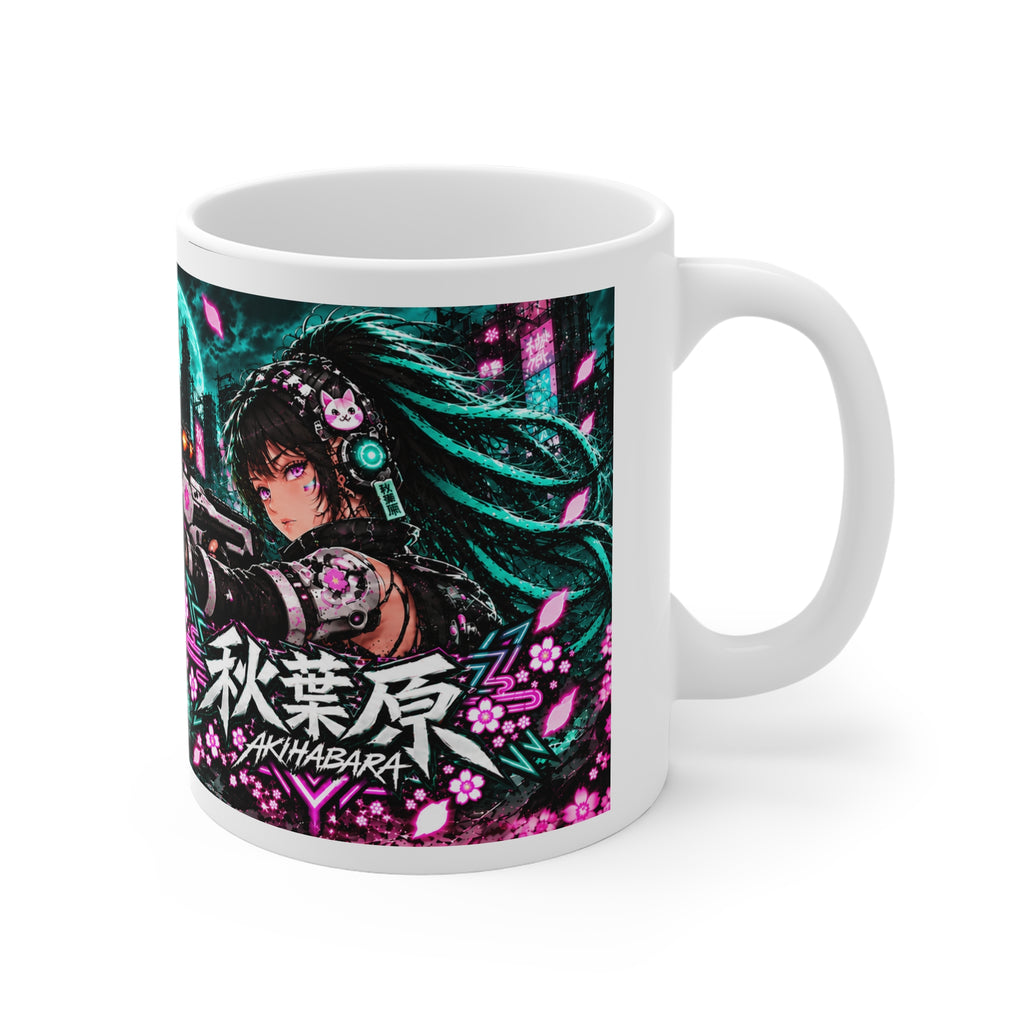 Akihabara Teal Neon City Sniper Girl Mug 11oz Coffee Cup