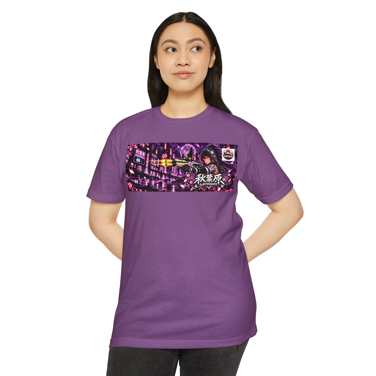 Akihabara Cyborg Sniper T‑Shirt —Purple Akihabara Neon City Graphic