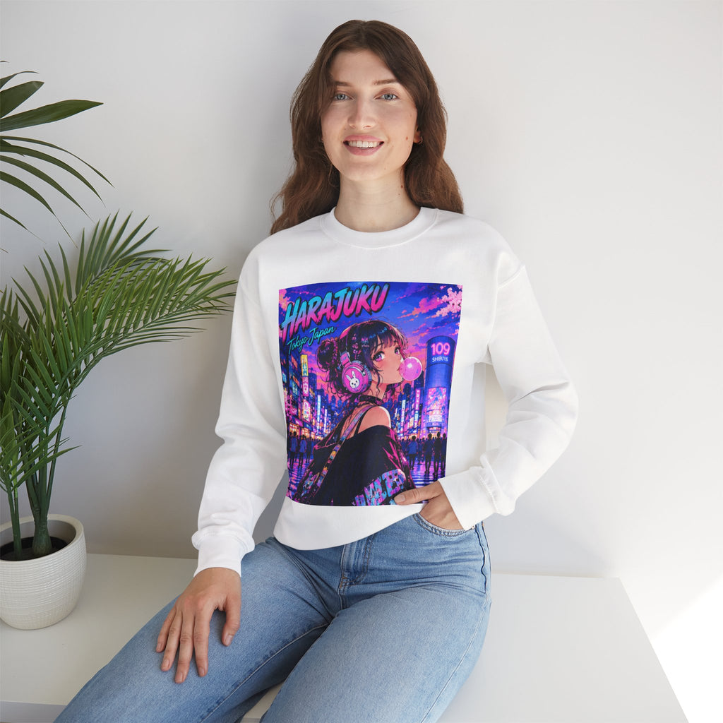 Harajuku Style 11 Neon City Anime Girl Crewneck Sweatshirt — Tokyo Street Anime Graphic