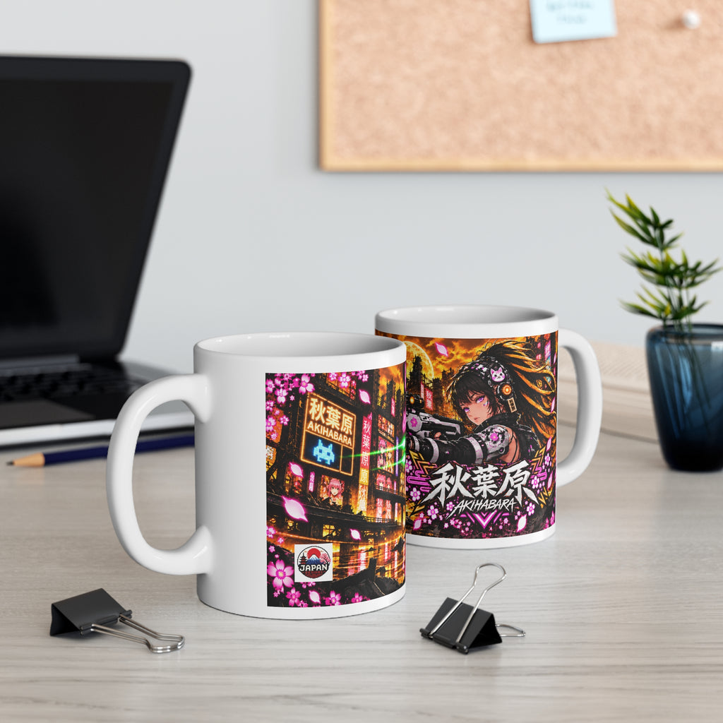 Akihabara Orange Neon City Sniper Girl Mug 11oz Coffee Cup