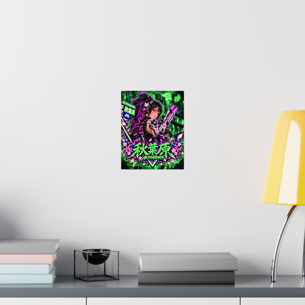 Akihabara Cyberpunk Anime Poster — Neon Green & Pink Matte Vertical Print
