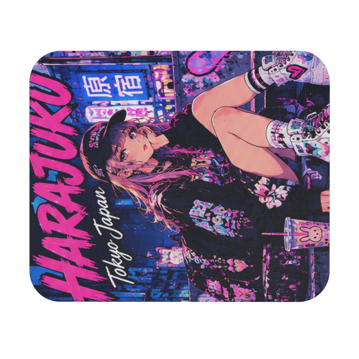 Harajuku Style 8 Neon City Anime Girl Mouse Pad — Retro Tokyo Anime Desk Mat