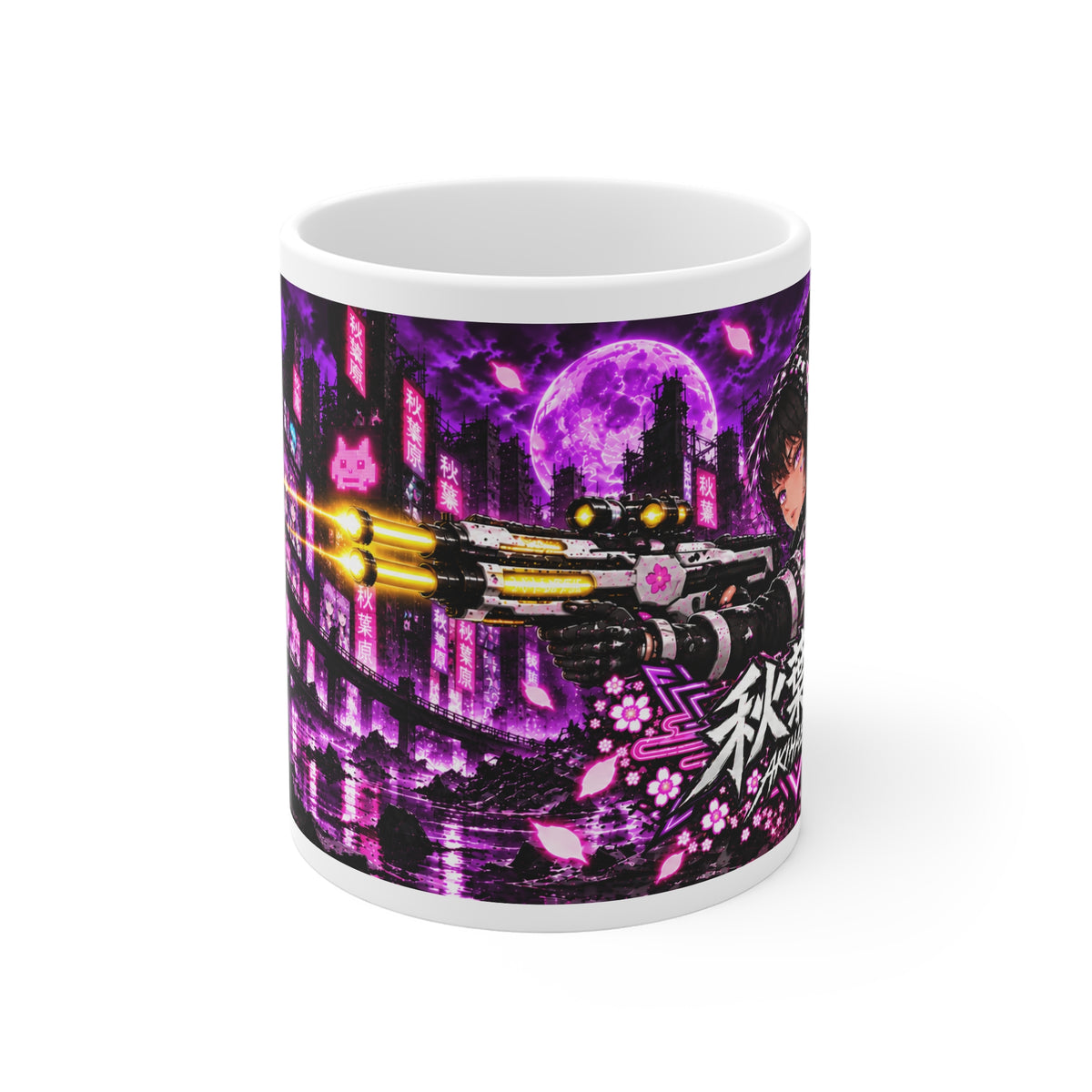 Akihabara Purple Neon City Sniper Girl Mug 11oz Coffee Cup