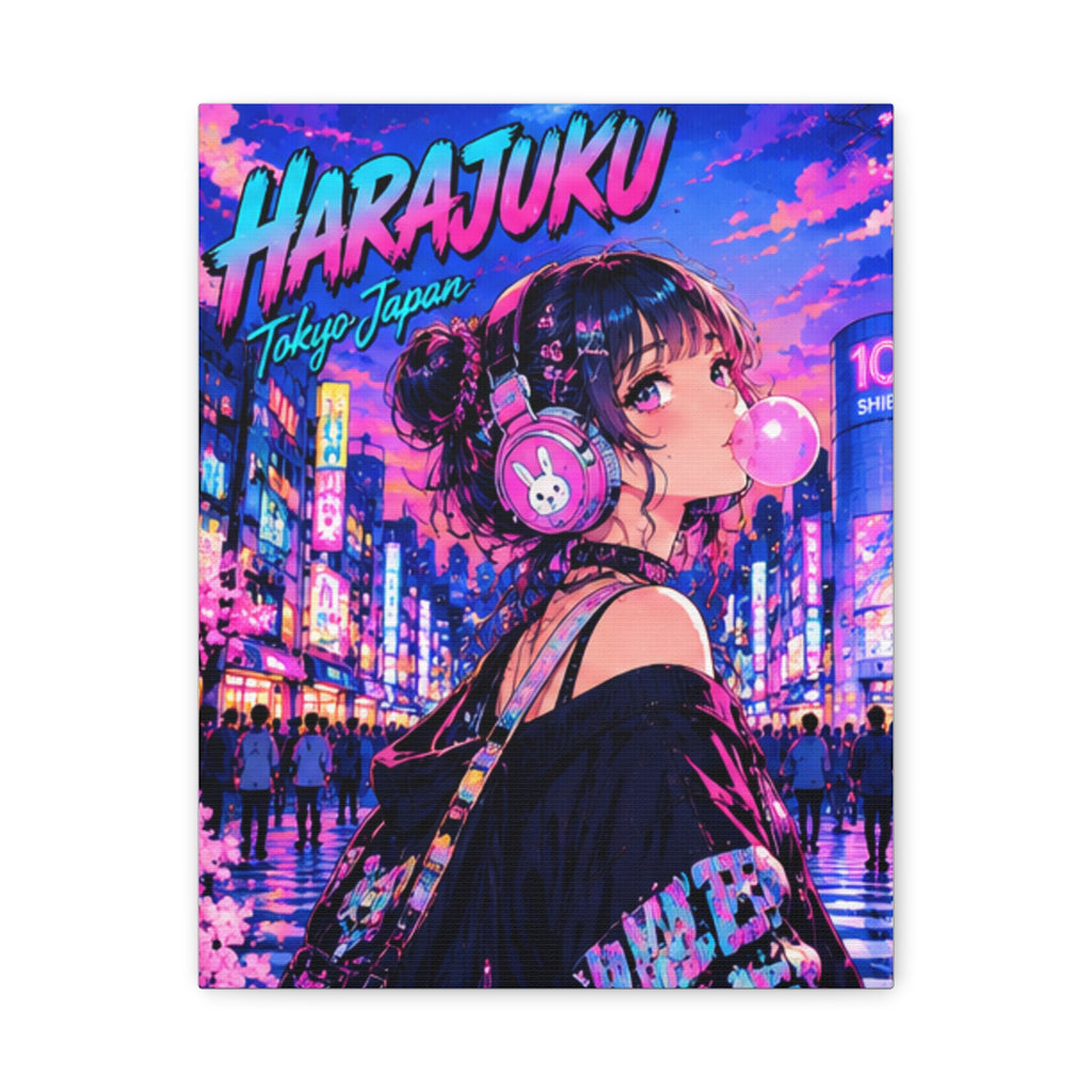 Harajuku Style 11 Neon City Tokyo Anime Girl Matte Canvas Wall Art