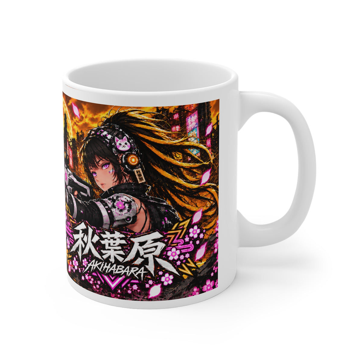 Akihabara Orange Neon City Sniper Girl Mug 11oz Coffee Cup