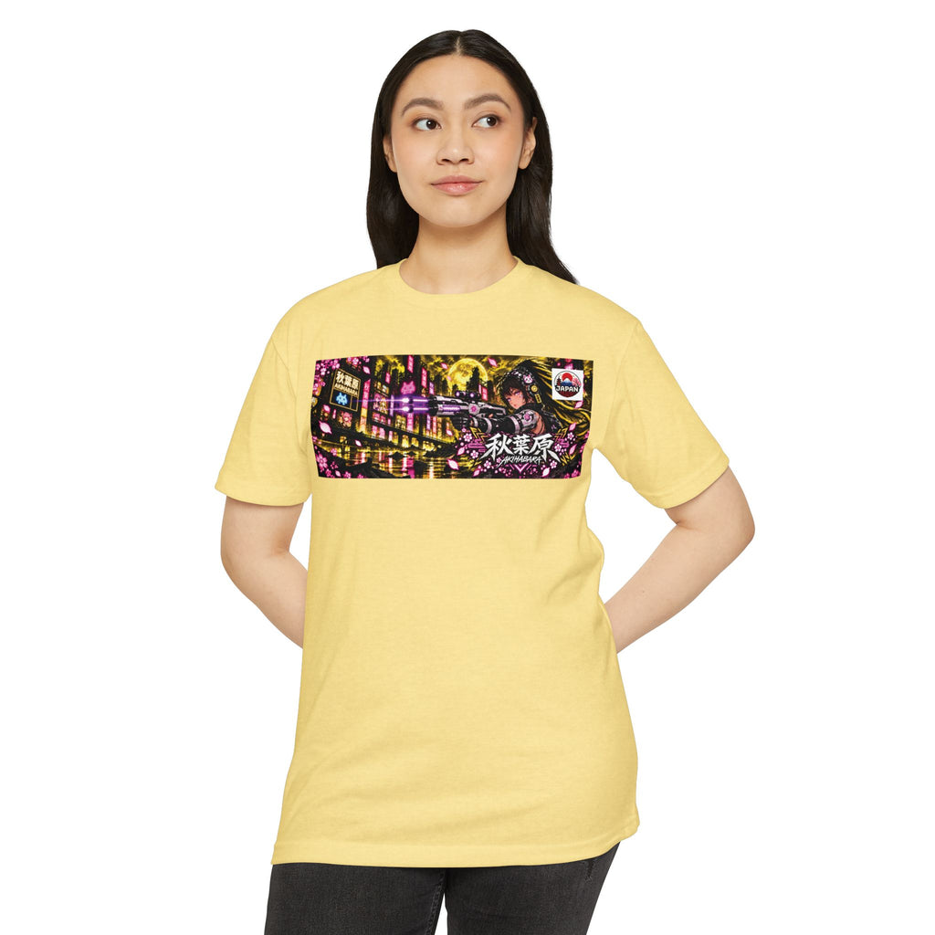 Akihabara Cyborg Sniper T‑Shirt —Yellow Akihabara Neon City Graphic