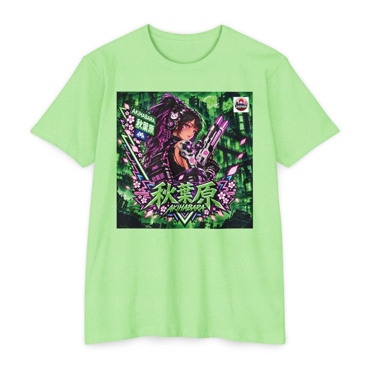 Akihabara Cyberpunk Sniper Girl T‑Shirt —Green Akihabara Neon City Graphic