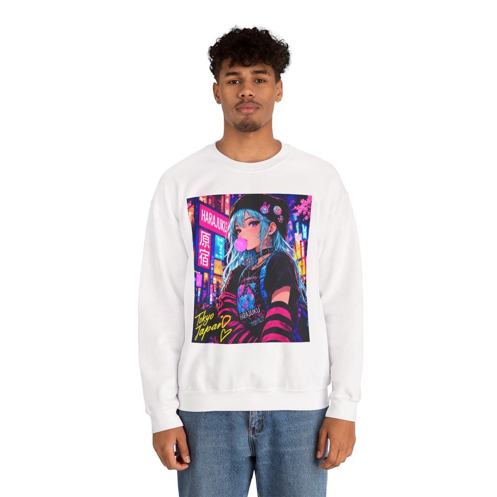 Harajuku Style 4 Neon City Anime Girl Crewneck Sweatshirt — Tokyo Street Anime Graphic