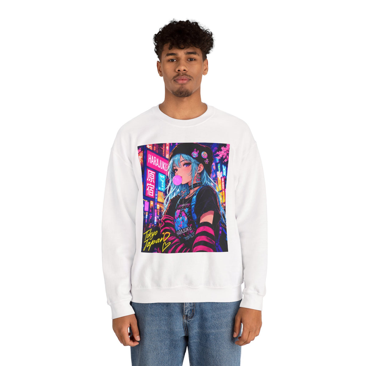 Harajuku Style 4 Neon City Anime Girl Crewneck Sweatshirt — Tokyo Street Anime Graphic