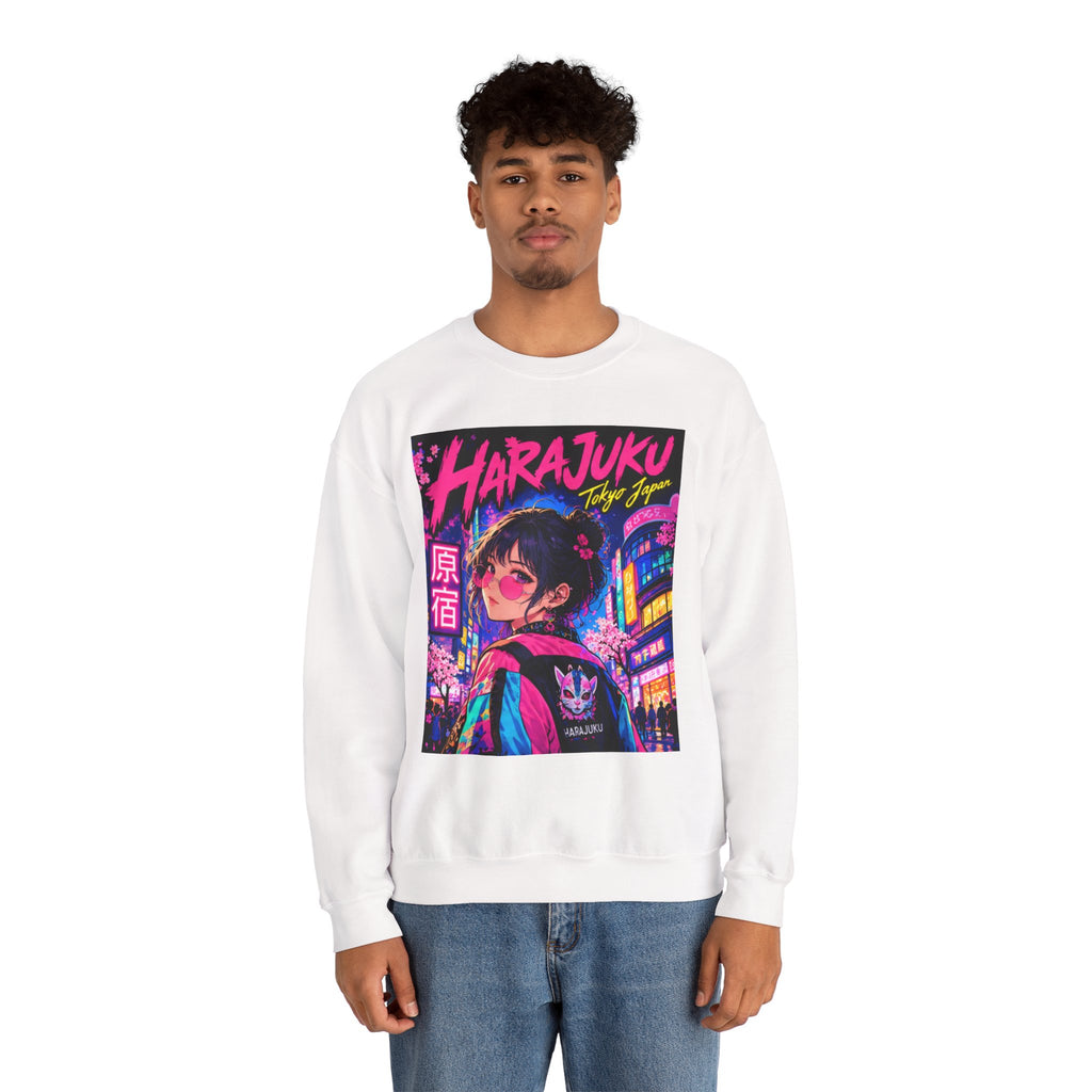 Harajuku Style 1 Neon City Anime Girl Crewneck Sweatshirt — Tokyo Street Anime Graphic
