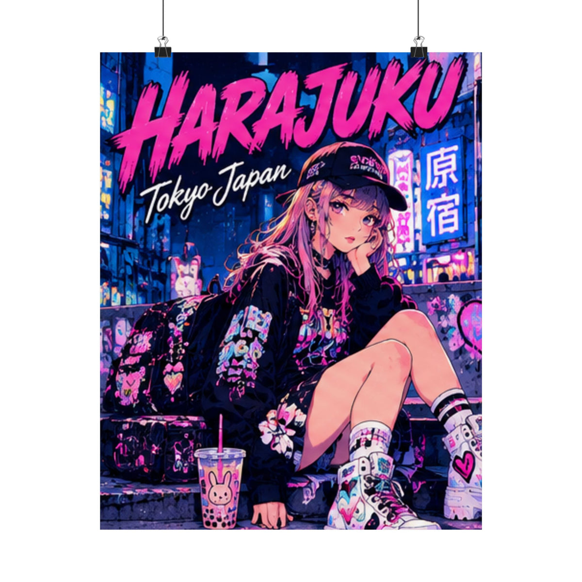 Harajuku Style 8 Neon City Anime Girl Satin Poster — Tokyo Japan Anime Wall Art