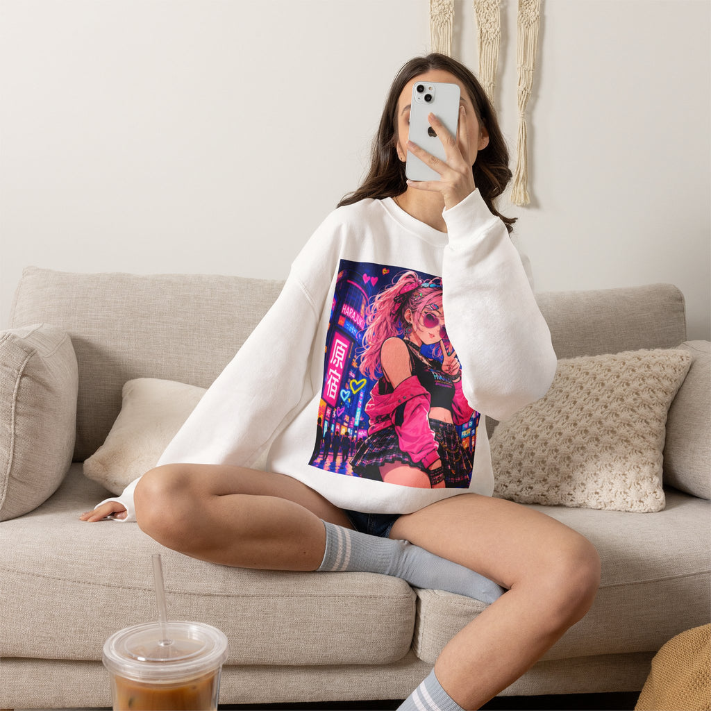 Harajuku Style 6 Neon City Anime Girl Crewneck Sweatshirt — Tokyo Street Anime Graphic