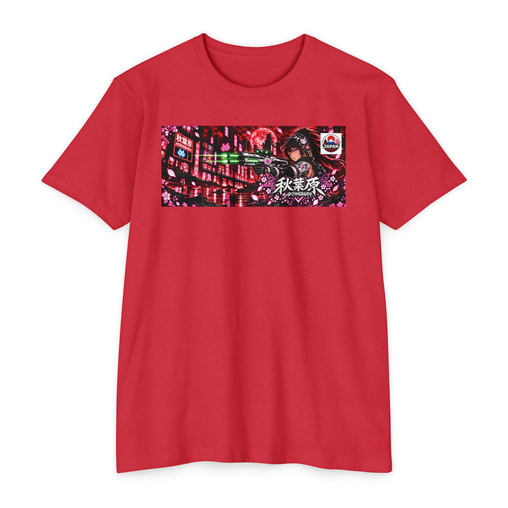Akihabara Cyborg Sniper T‑Shirt —Red Akihabara Neon City Graphic