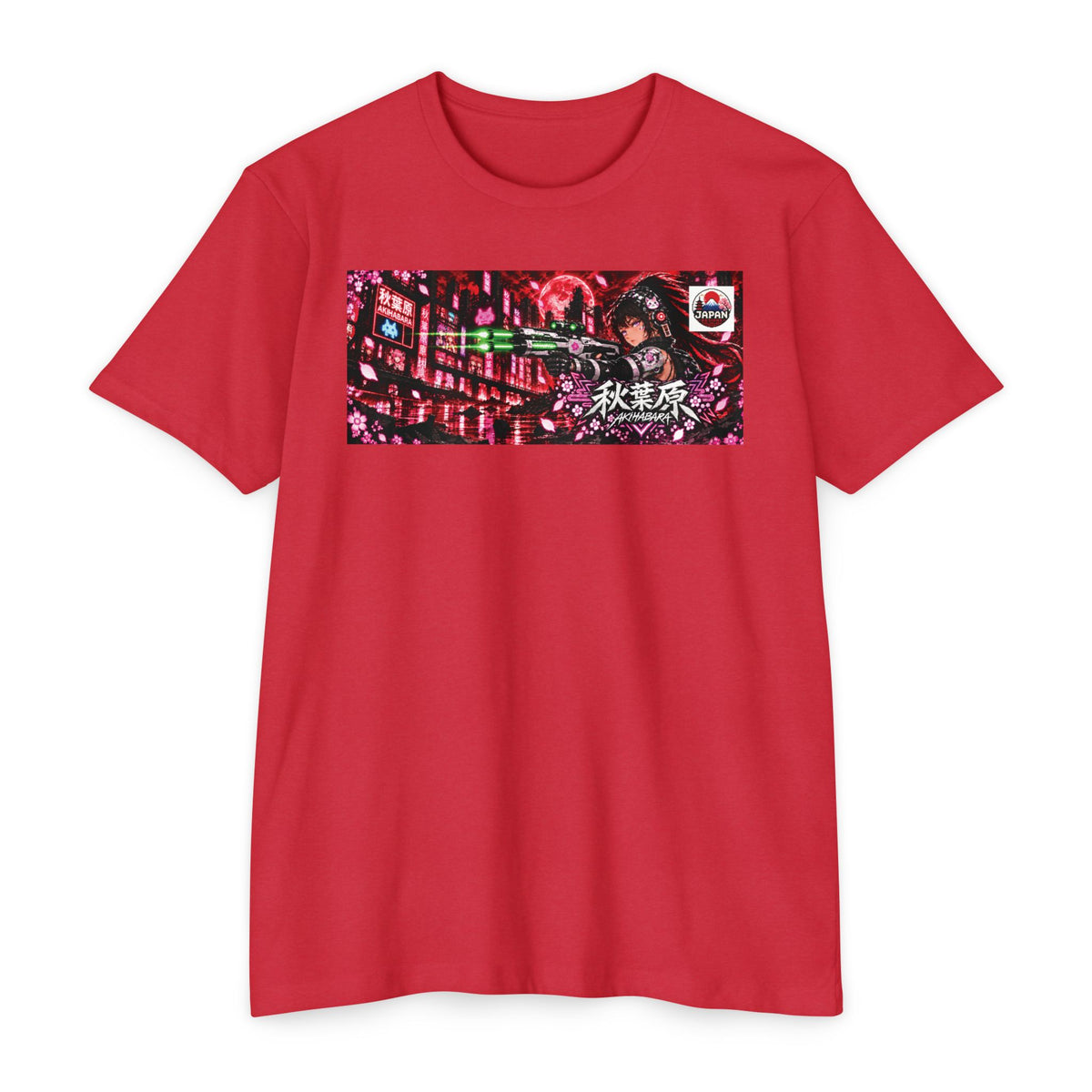 Akihabara Cyborg Sniper T‑Shirt —Red Akihabara Neon City Graphic
