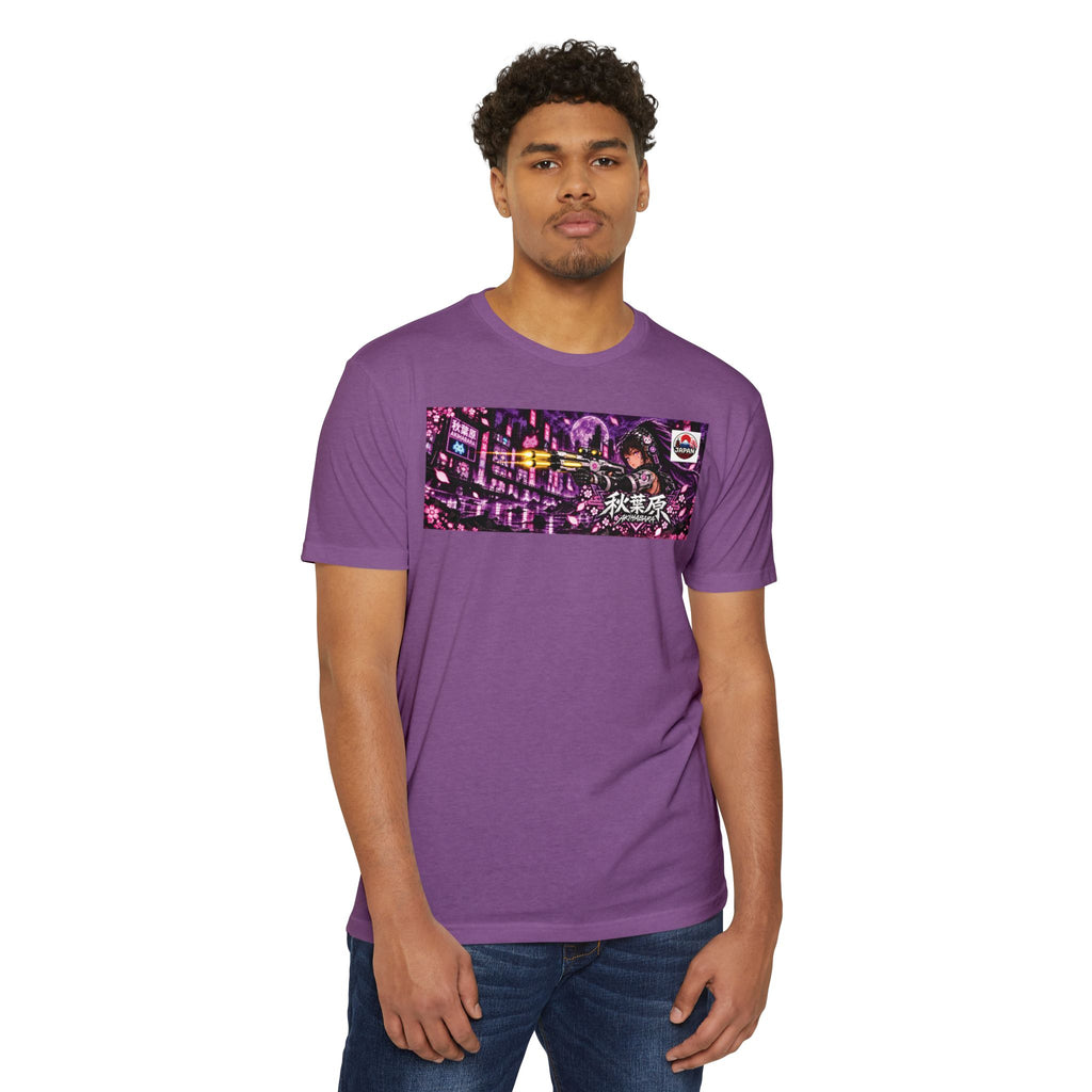 Akihabara Cyborg Sniper T‑Shirt —Purple Akihabara Neon City Graphic