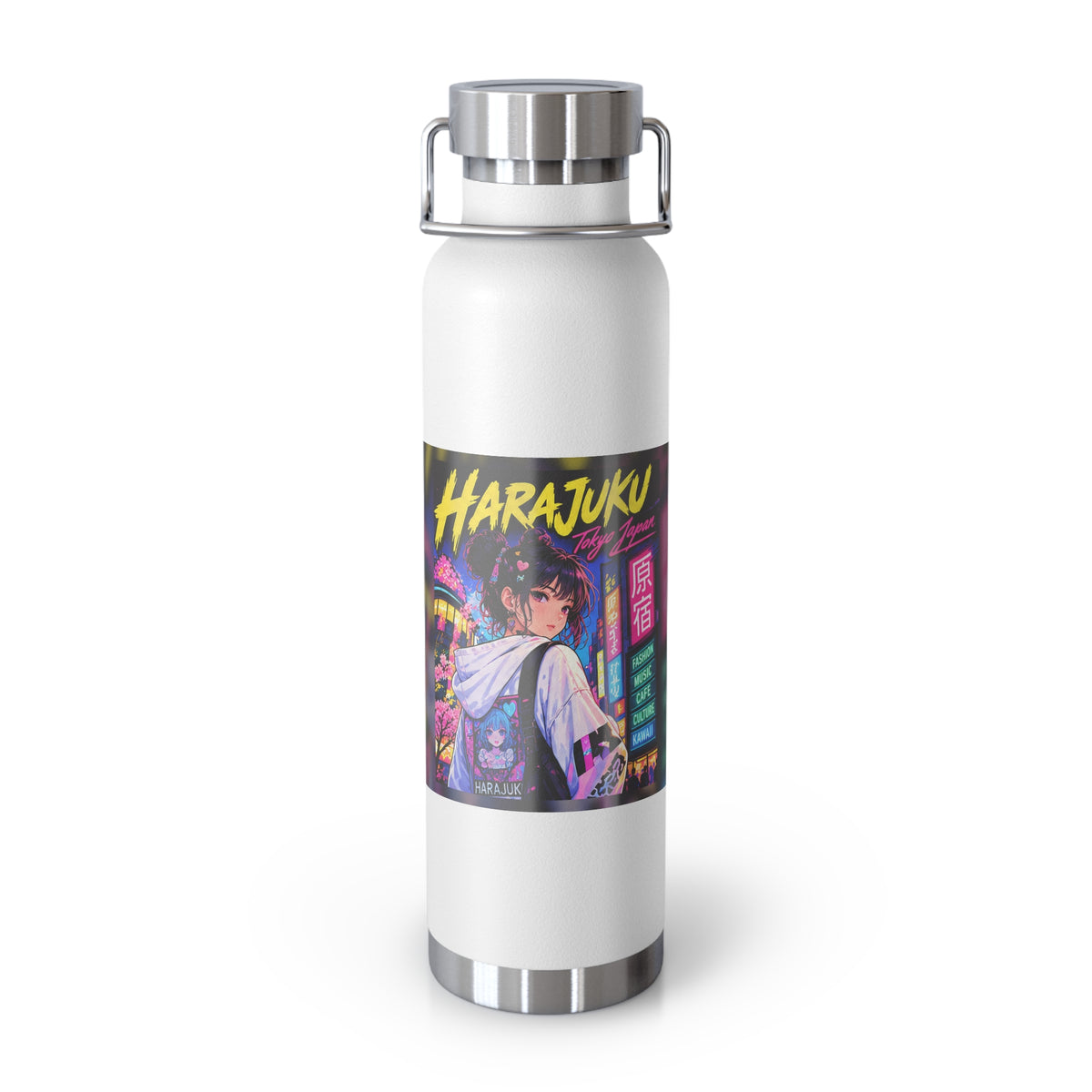 Harajuku Style 9 Neon City Anime Girl Water Bottle — 22oz Copper Vacuum Insulated