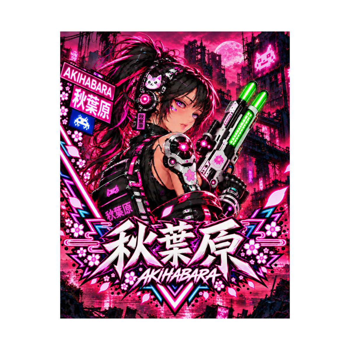 Akihabara Cyberpunk Anime Poster — Neon Red Matte Vertical Print