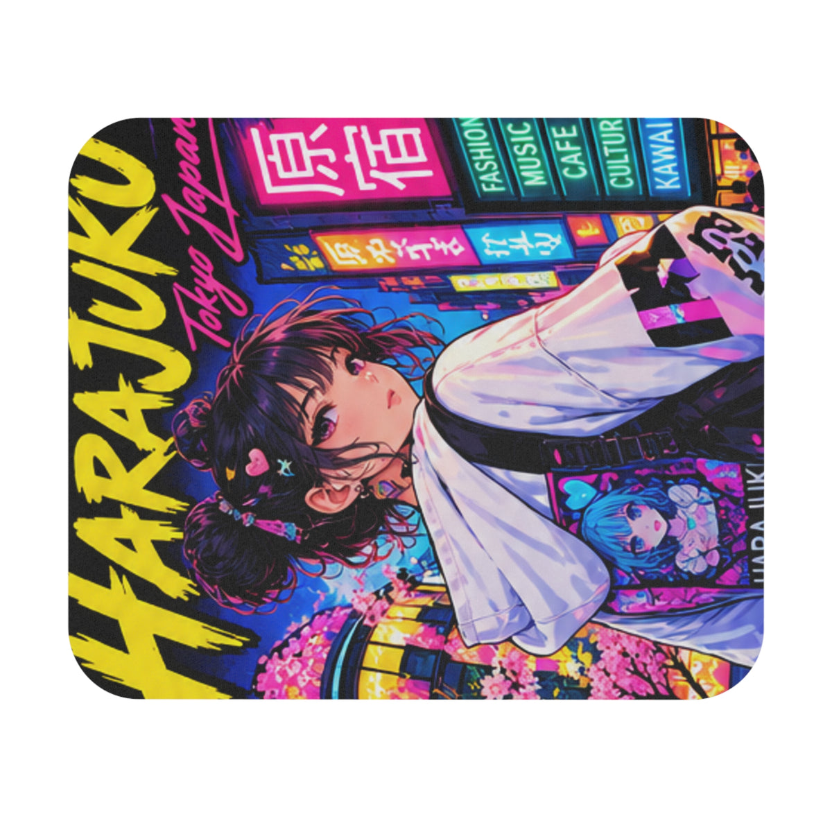 Harajuku Style 3 Neon City Anime Girl Mouse Pad — Retro Tokyo Anime Desk Mat