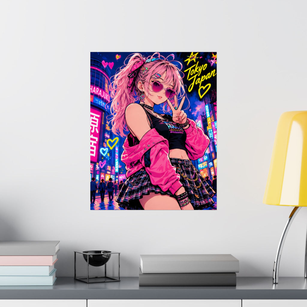 Harajuku Style 6 Neon City Anime Girl Satin Poster — Tokyo Japan Anime Wall Art