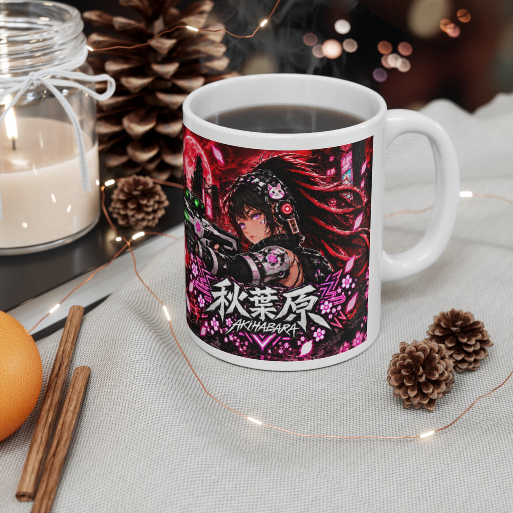 Akihabara Red Neon City Sniper Girl Mug 11oz Coffee Cup