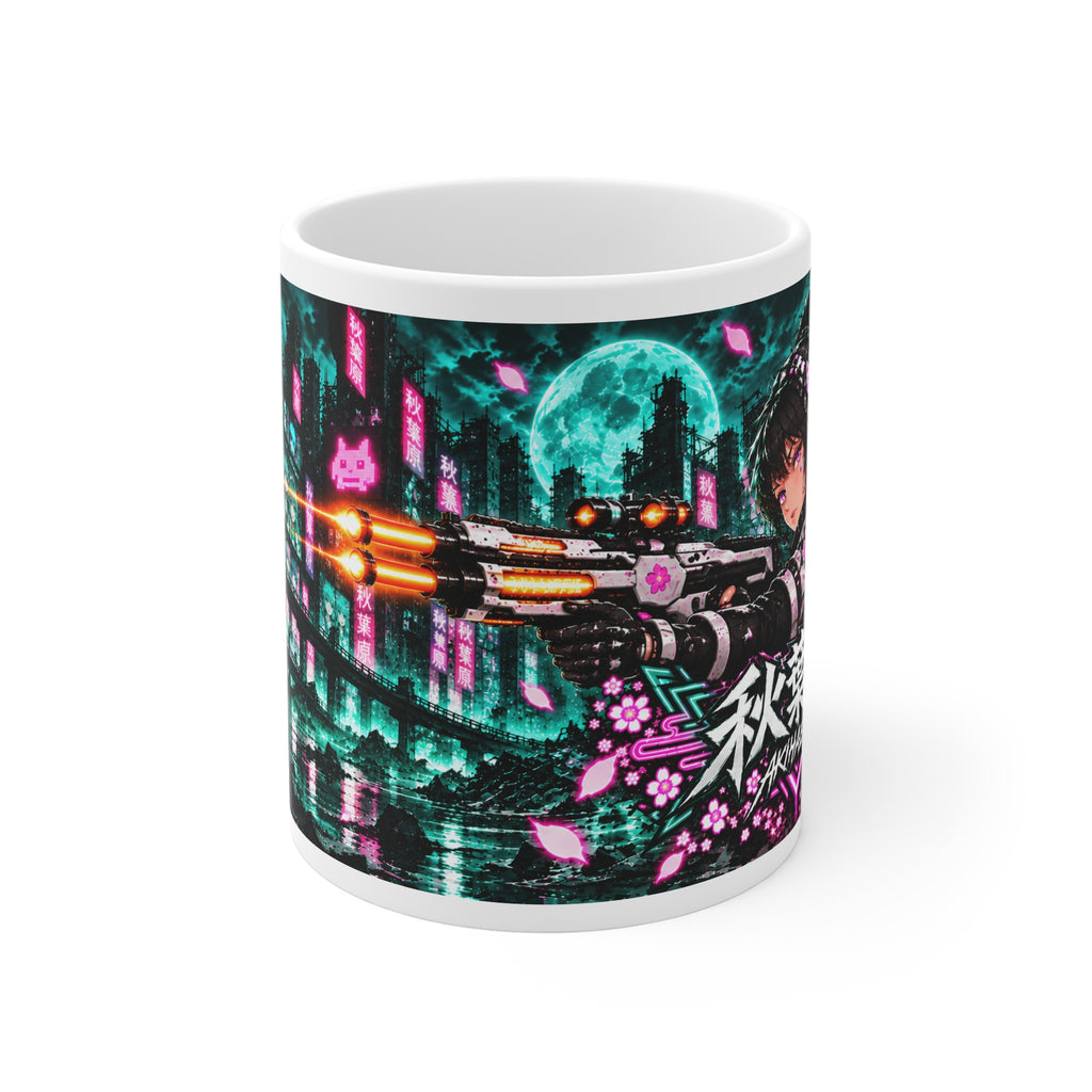 Akihabara Teal Neon City Sniper Girl Mug 11oz Coffee Cup