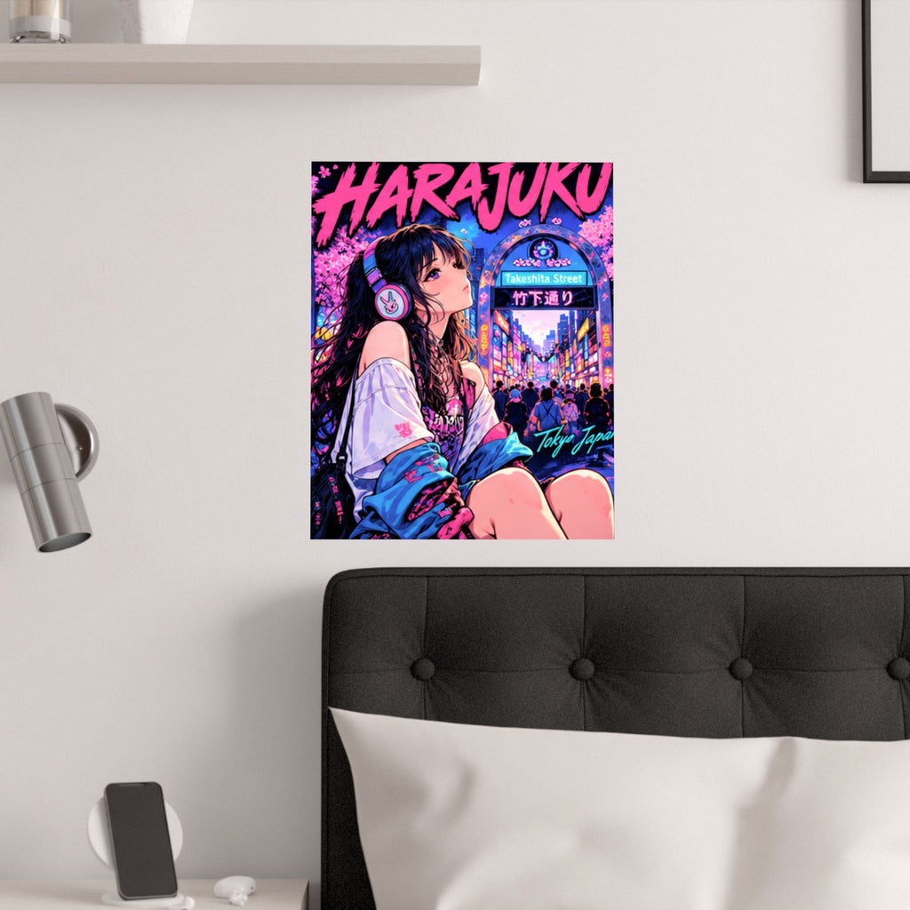 Harajuku Style 5 Neon City Anime Girl Satin Poster — Tokyo Japan Anime Wall Art