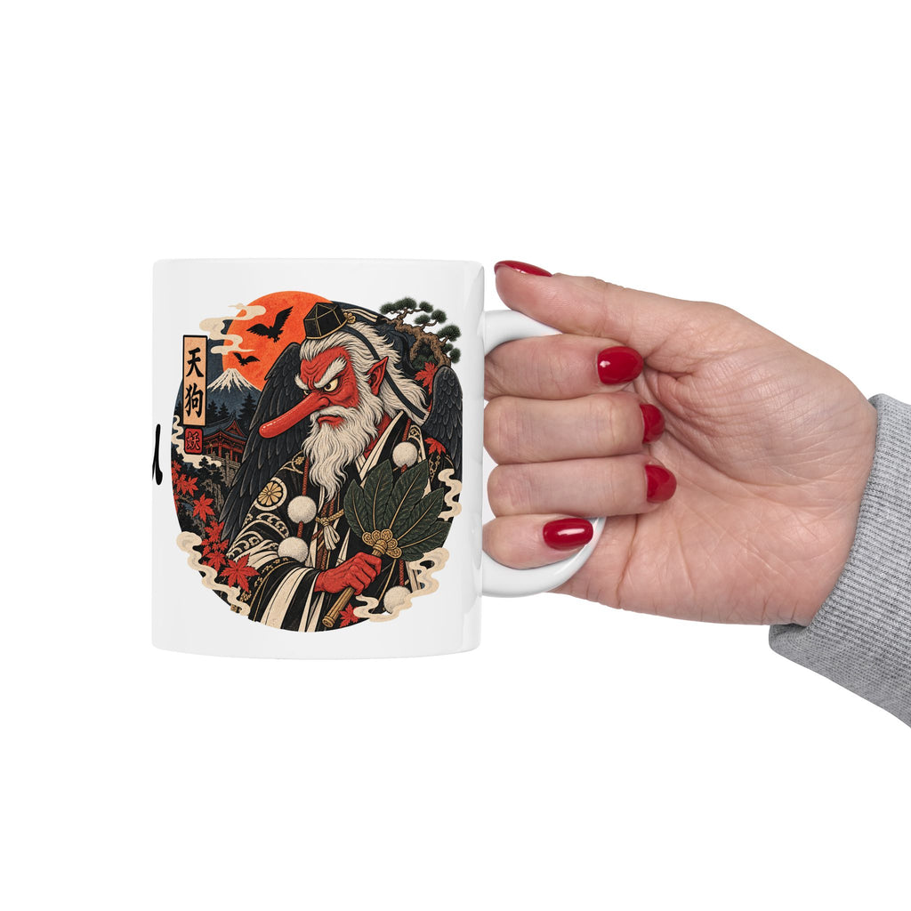 Tengu Mask Halloween inspired Illustration Mug | Japanese Folklore, Maple Leaves, Vintage Crest