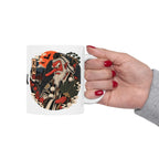 Tengu Mask Halloween inspired Illustration Mug | Japanese Folklore, Maple Leaves, Vintage Crest
